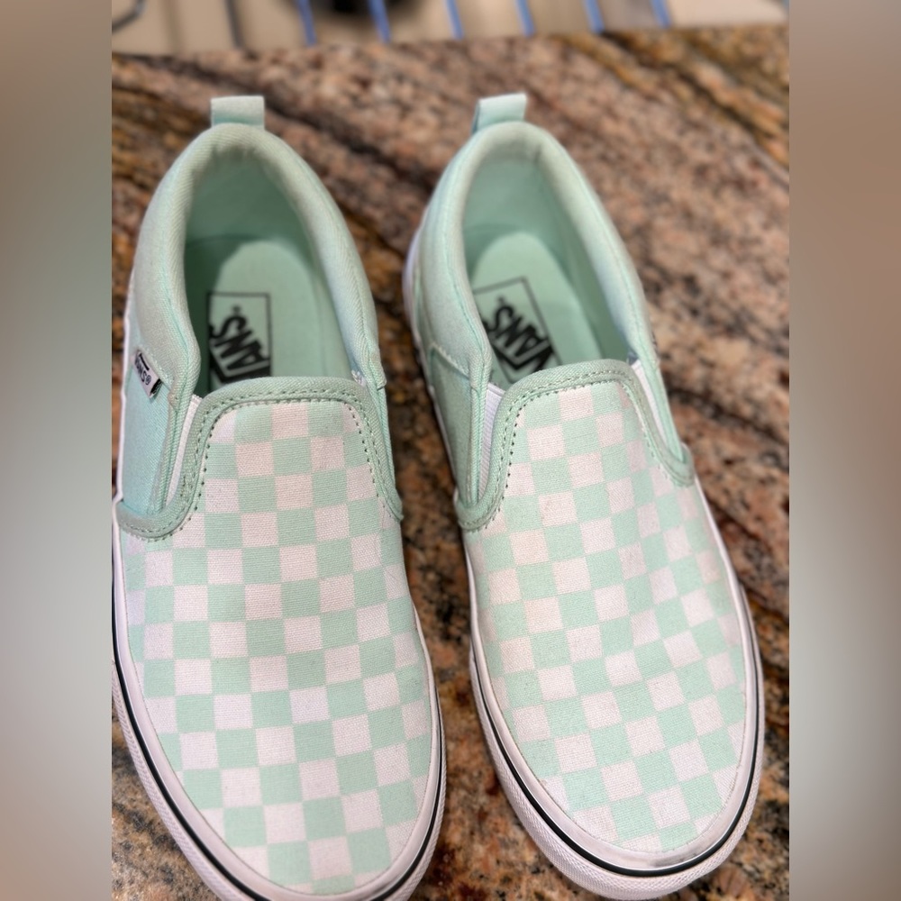 Size 3 Youth Mint Green Checkerboard Vans